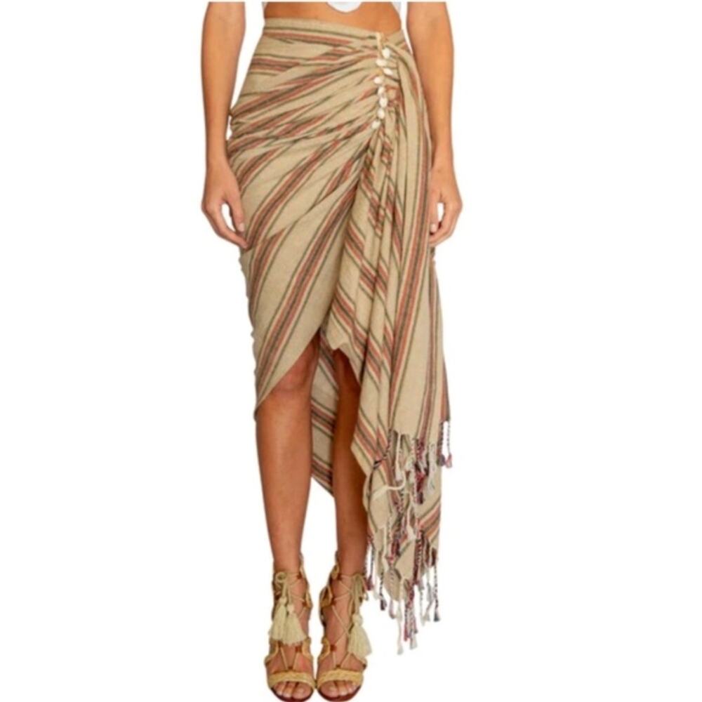 Just Bee Queen NEW Tulum Stripe Sarong Skirt S Red Brown Linen Cotton Fringe